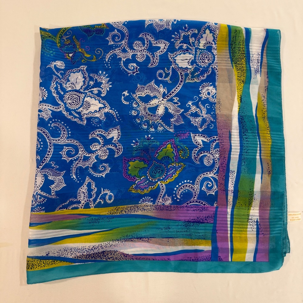 Womens Scarf Paisley Floral Made in Italy Square Boho Blue 34x34